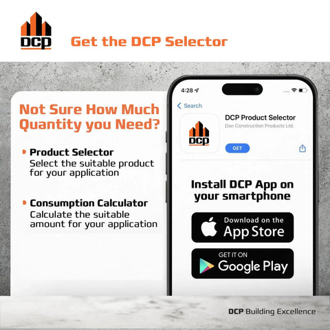 DCP app installation instructions on smartphone screen with download links for App Store and Google Play.