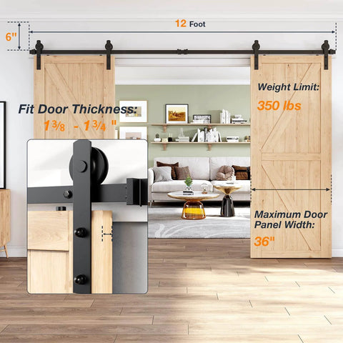 12 Foot Heavy Duty Sliding Barn Door Hardware Kit For Double Doors With Slick Quiet Glide Easy To Install And Reusable