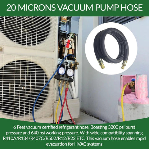 HVAC vacuum hose, 6 ft, 1/2 in ID with 3/8–1/4 in fittings; black high-flow refrigerant hose with brass ends.