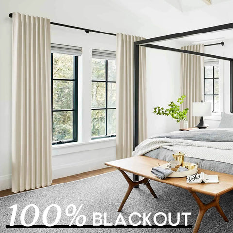 Light Beige Blackout Curtains 96 Inch Long Two Panel Set For Floor To Ceiling Installations In Living Room Or Bedroom Pet Friendly Faux Linen Anti Scratch No Fuss Keeps Light Out And Noise Reducing With A Sleek Tailored Look installed in a modern bedroom
