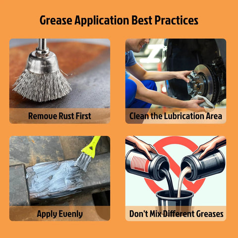 Multi-purpose white lithium grease infographic, close-up rust removal with a wire brush.
Multi-purpose white lithium grease infographic, side view cleaning lubrication area near brake caliper.
Multi-purpose white lithium grease infographic, close-up applying evenly with brush on metal surface.
Multi-purpose white lithium grease infographic, illustration showing don't mix different greases.