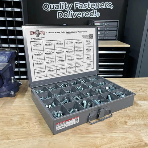 Hex Cap Screws Bolts Nuts And Washers All In One Assortment Kit, 575 Pieces, Class 10.9 Zinc Clear Finish in open steel tray