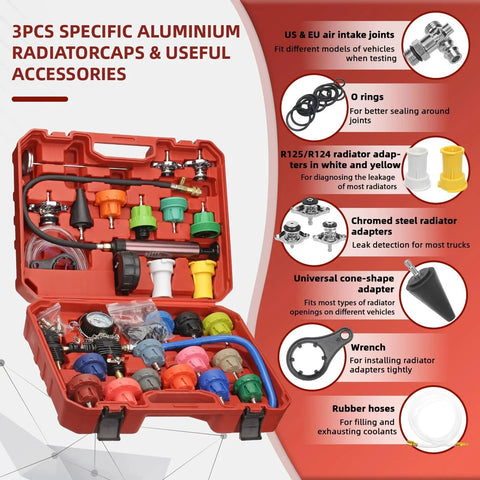 Coolant Vacuum Refill Kit With 23 Radiator Adapters And 31 Piece Tool Set Pressure Tester For Radiator Cooling System Vacuum Purge Tool And Diagnostic Kit For DIY Auto Maintenance By HZAUTOS displayed open in red carrying case with various adapters and tools.