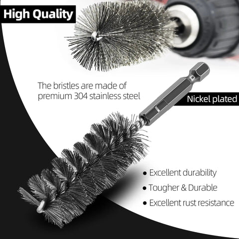 Close-up of 12 Piece Stainless Steel Bore Brush Set For Drill with 1/4 Inch Hex Shank showing metal bristles and hex connection.