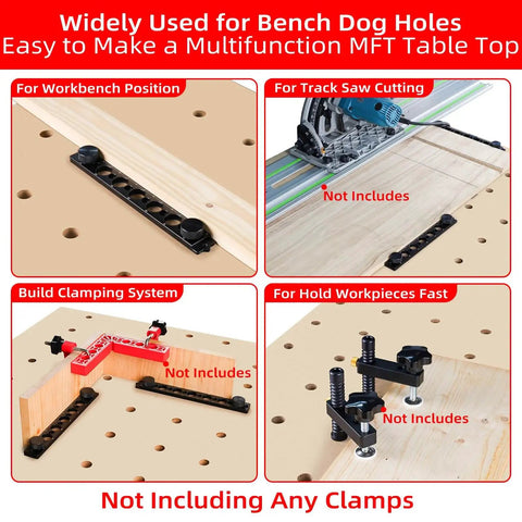 Go-To Precision 20mm Bench Dog Hole Drill Guide And Template used for building MFT table tops and fitting track saws.