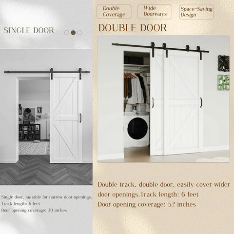Space Saving Bypass Barn Door Kit 60 By 84 Inch With 6 Foot Hardware For Single Track Doors On Double K Frame Doors MDF White DIY Painted Finish, showing double-door installation in home interior.