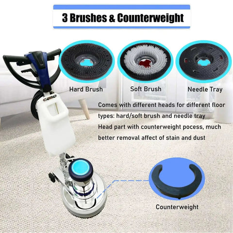 Beast Mode Commercial Floor Cleaning Machine with 18 Inch Head, showing three interchangeable brushes and counterweight.