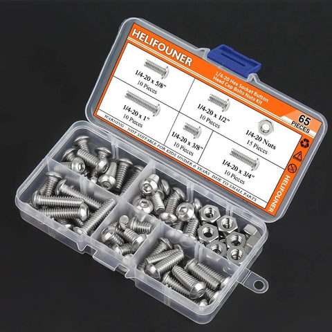 65 Piece Socket Cap Screws Set In Five Sizes 1/4-20 X 3/8 Inch 1/2 Inch 5/8 Inch 3/4 Inch And 1 Inch 304 Stainless Steel Button Head UNC Thread Great for DIY Projects Home Repairs Automotive and Machinery HELIFOUNER in an open case