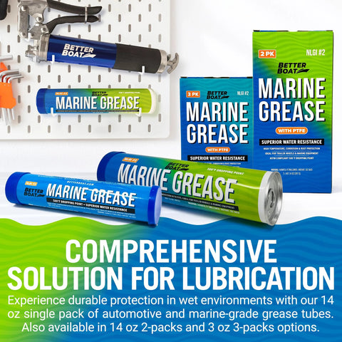 Better Boat Marine Grease tubes, 14 oz, NLGI 2, waterproof high-temp lubricant, shown with 2-pack and 3-pack boxes.