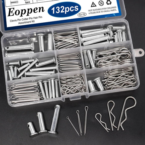 132-Piece Clevis Pin, Cotter Pin, And Hair Pin Set With 304 Stainless Steel in labeled box on black surface