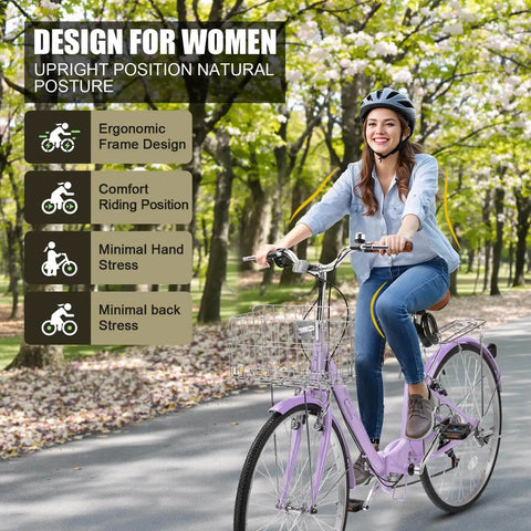 Woman riding Foldable 26 Inch Beach Cruiser Bicycle For Women And Adults With 7 Speed Shifting in purple on a park path.