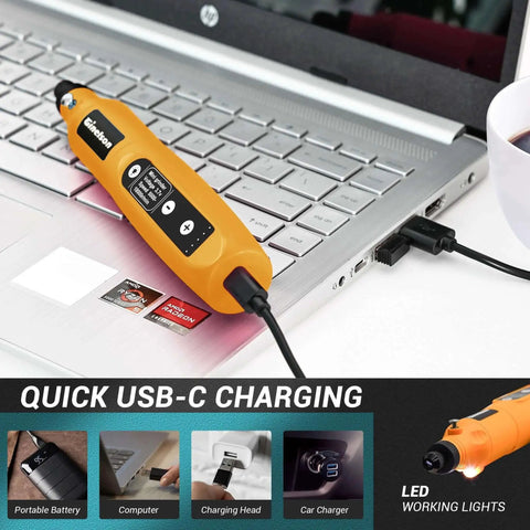 Cordless Mini Rotary Tool Kit GINELSON With 70 Accessories And USB C Charging connected to laptop for charging