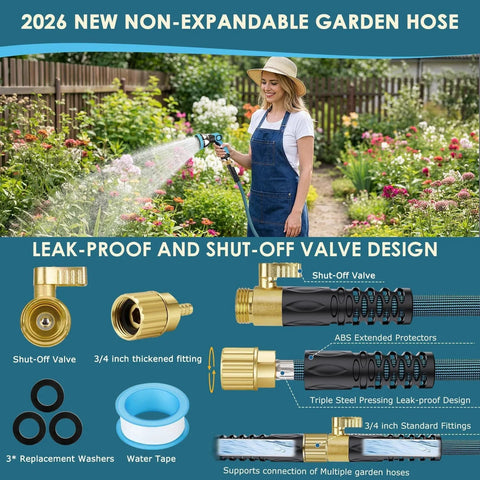 Ultra Lightweight Non Expandable Garden Hose 150 Ft With Ten Pattern Nozzle And Shut Off Valve in use for garden watering