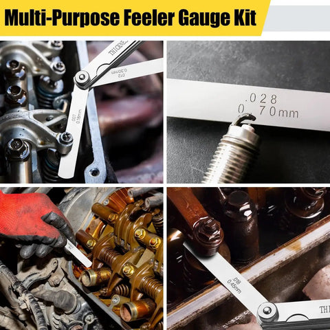 Feeler Gauge Set Stainless Steel Two Piece Pro Grade With Thirty Two Straight Blades And Sixteen Angled Blades Dual Marked SAE And Metric For Spark Plug Gap And Valve Filler Measurements Wide Range Tool Great For Automotive Piston And Guitar Setup used in various engine and spark plug settings