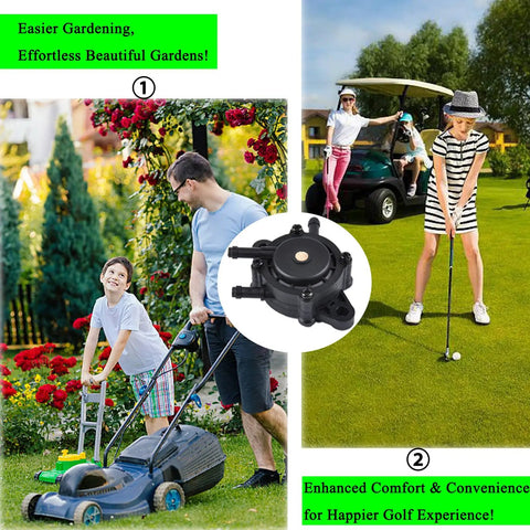 Universal Gas Vacuum Fuel Pump With Filter And Oil Hose Beefed Up Heavy Duty Design Compatible With 17HP 25HP Engines shown with lawn mower and golf cart.