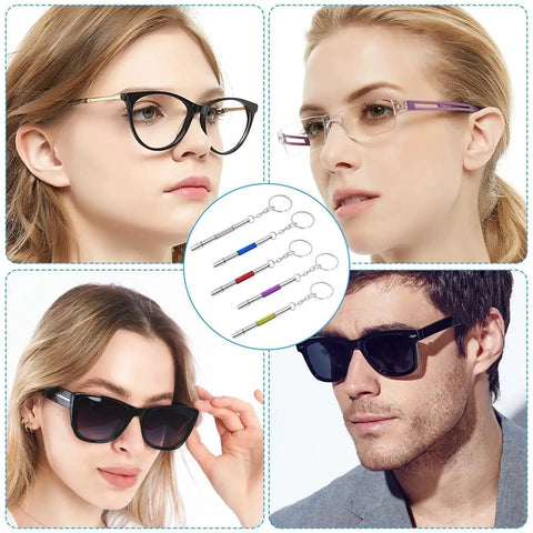 Collage showing four people with glasses and the Five Color Mini Eyeglass Screwdriver Set With Non Slip Handles in the center