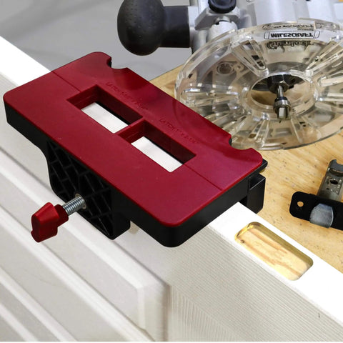 Self Clamping Door Hinge Jig With Pro Grade Adjustments and Latch Templates on door edge with router for mortises from 2.5 to 4.5 inches