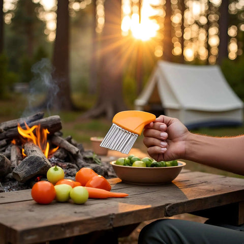 Outdoor camping scene with Orange Crinkle Cutter Slicer For Potatoes Carrots And Veggies, Stainless Steel Wavy Cutter held by hand, with chopped veggies on table.