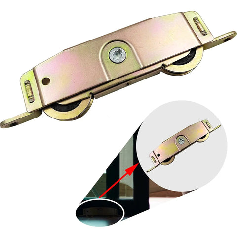Sliding Patio Door Roller Assembly For One And One Quarter Inch Steel Ball Bearing With Side Adjustment Replacement Kit For Wood Aluminum And Vinyl Doors Compatible With Popular Brands Like Jeld Wen Milgard Marvin Peachtree Caradco And More 2 Pack, showing the roller assembly and installed view.
