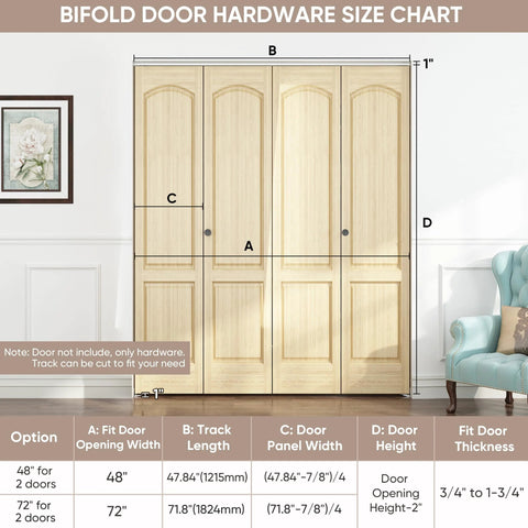 72 Inch Top Mounted Bifold Door Hardware Kit For Inside Doors, Closets, Bathrooms And Cabinets, size chart displayed