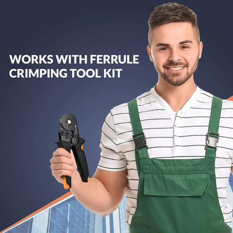 Man holding Ferrule Crimping Tool Kit Pro Grade With Secure Wire Ferrule Nylon Case And 160 Electrical Wire Connectors for projects