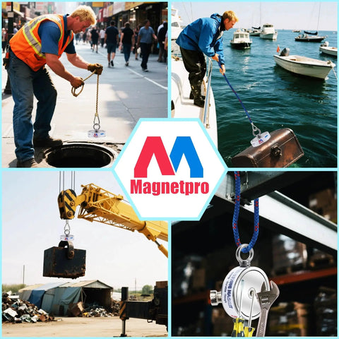 Dual Sided 3000LB Neodymium Magnet Fishing Kit in use retrieving metal objects from street, water, and industrial settings.