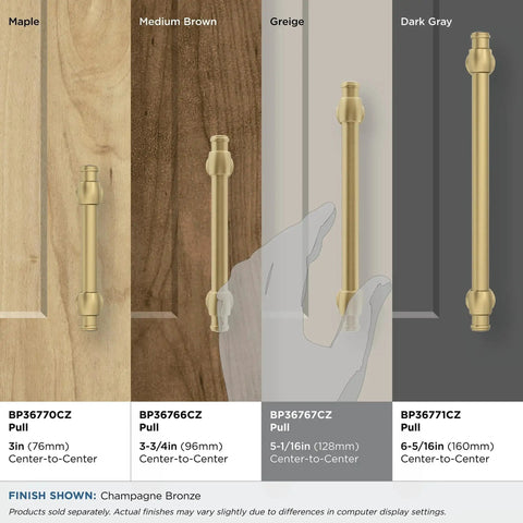 Champagne Bronze Traditional Cabinet Pull For Cabinets And Furniture Five And One Sixteenth Inch Center To Center Mounting in use on diverse wood backgrounds
