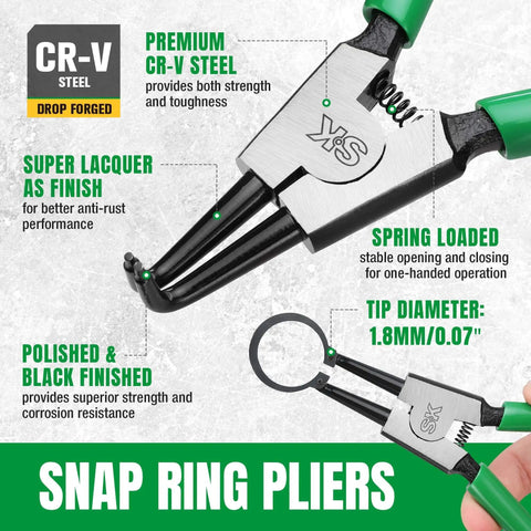 Close-up of 4-Piece 7 Inch Snap Ring Pliers Set Internal And External Circlip Pliers With Straight And Bent Jaws 0.07 Inch Tip Diameter, CR-V Steel, Rust Resistant Black Finish