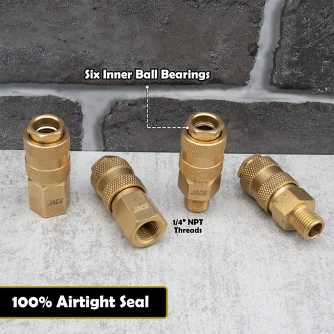 JACO brass air hose fittings set, 1/4-in NPT, Type V high-flow quick-connect plugs and couplers, 4 pieces visible