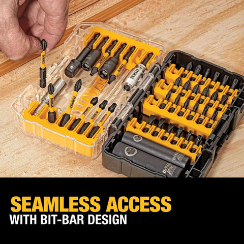 Impact Ready 40-Piece Screwdriver Bit Set With Storage Case For FlexTorq Impact Drivers See Through Lid Patented Bit Bar For Easy Bit Removal Grab-And-Go Handy Case Dewalt displayed with open case and hand accessing bits.