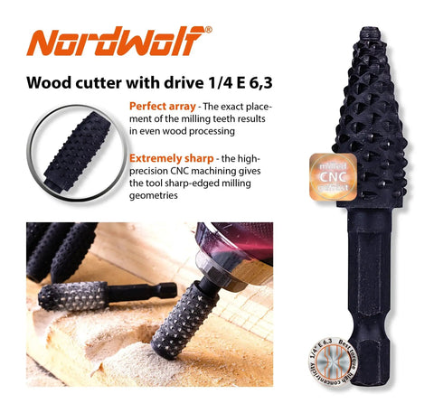 Pro Grade 10-Piece Rotary Burr Wood Carving Rasp Files Set with One Quarter Inch Hex Shank, NordWolf high carbon steel.
