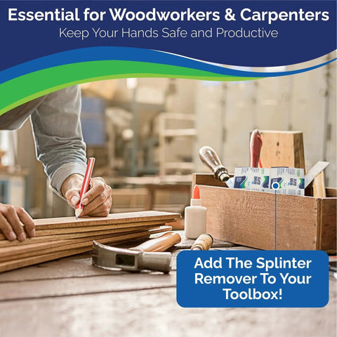 Painless Splinter Removal Kit by SplinterAid in workshop setting with carpenter and toolbox, no tweezers needed