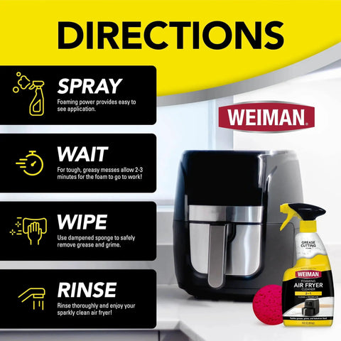 Directions for using Foaming Air Fryer Cleaner Kit With Non Abrasive Sponge For Ceramic Baskets, featuring spray bottle and air fryer.