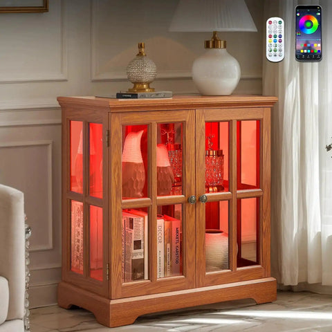 32 Inch LED Accent Curio Cabinet With Seven Color Lights for Collectibles with tempered glass doors in dark oak finish