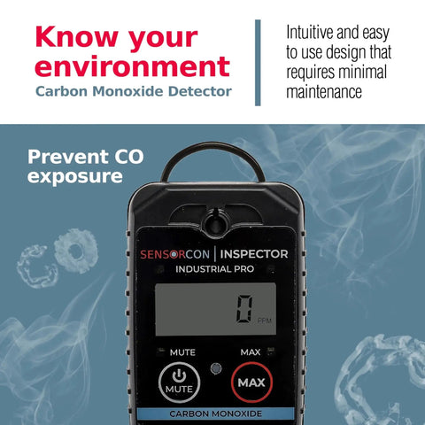 Industrial Pro Portable Carbon Monoxide Detector with INS2 Sensor in black housing, displaying a digital screen at job site.