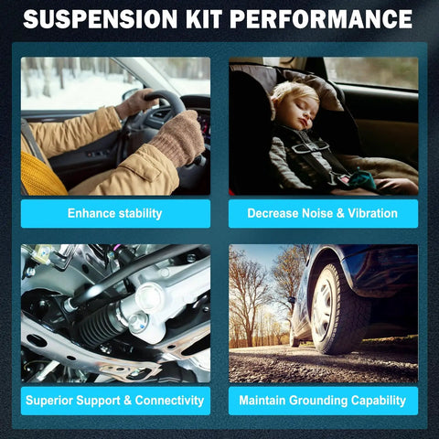 AMCCM 12PCS suspension kit collage: front steering wheel view, child car seat, undercarriage suspension, wheel on road