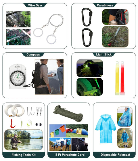 Outdoor tools from 262 Piece Survival Kit With First Aid Pouch And Crossbody Bag For 72 Hour Emergency Preparedness, tent, camping axe