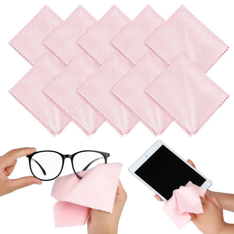 10 Pack Soft Microfiber Glasses Cleaning Cloths For Eyeglasses Cameras Phones shown cleaning glasses and tablet
