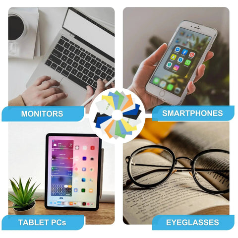 Image showing uses of Microfiber Cleaning Cloth Pack 5.5x3 Lens Wipes For Glasses Cameras Phones on devices