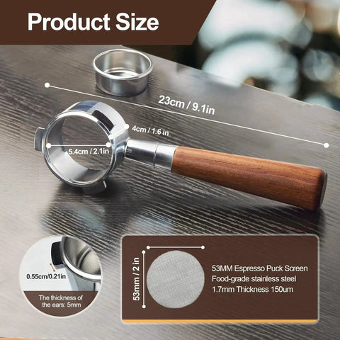 Bottomless espresso portafilter with rosewood handle, stainless steel 54 mm basket, for Breville BES870XL.