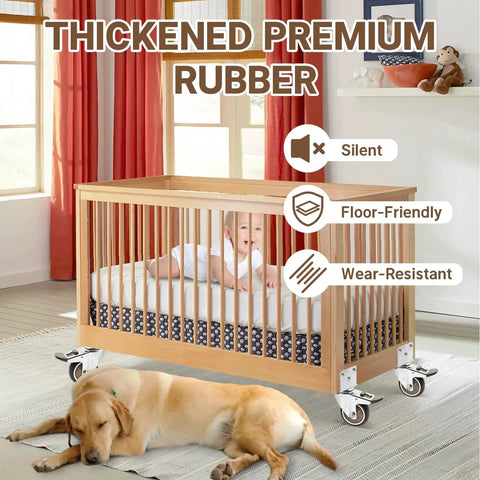 Wooden baby crib with Three Inch Side Mount Casters Set Of Four L Shaped 360 Degree Swivel Quiet Heavy Duty Locking Furniture Casters.