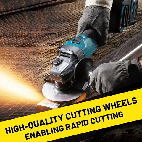 Person using an angle grinder with a Seventy Piece Set Four And One Half Inch Cut Off Wheel For Metal And Stainless Steel Thin Discs For Fast Cutting And Grind Ready On Angle Grinders, Four Point Five Inch Diameter, Seven Eighth Inch Arbor, Up To Thirteen Thousand Three Hundred RPM, VOISEN wheel on metal