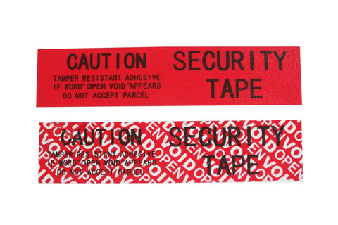 Tamper-evident security tape rolls, two red 1 in x 55 yd, 2 mil ultra-thick void film, shown