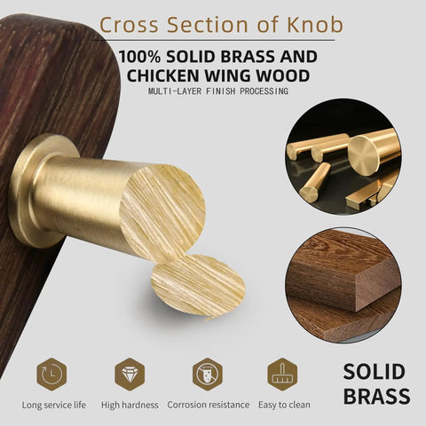 Cross section of cabinet pull showing solid brass and chicken wing wood, highlighting materials used in Solid Brass And Wood Cabinet Pulls Five Pack Three And Three Quarter Inch Center To Center Dresser Drawer Handles Modern Furniture Hardware For Kitchen Bathroom Bedroom Living Cabinets With Durable Wood Accents.