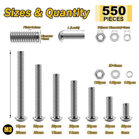 550 Piece M3 Screw Kit With Button Head Hex Socket Screws 304 Stainless Steel Must Have Nuts Flat And Spring Washers In Varied Lengths