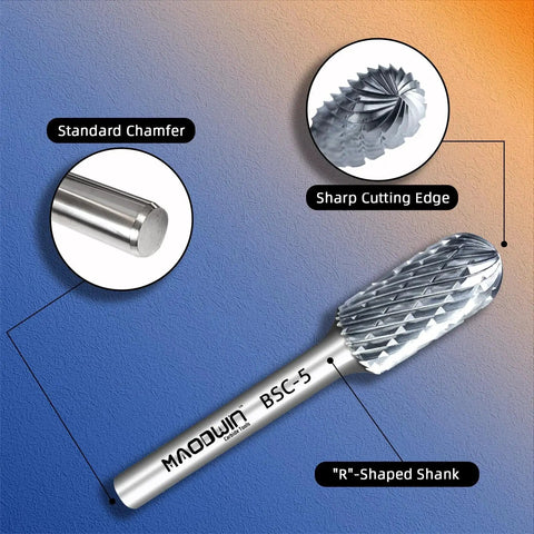 Cylindrical Radius End Double Cut Tungsten Carbide Rotary Burr Bit For Wood And Metal, detailed view showing cutting edge and shank.