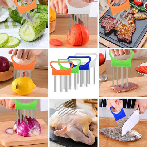 Four Piece Onion Holder And Slicer Set For Safe Mess Free Prep, Stainless Steel Onion Cutter Chopper Crinkle Cutter And Veggie Cutter in use