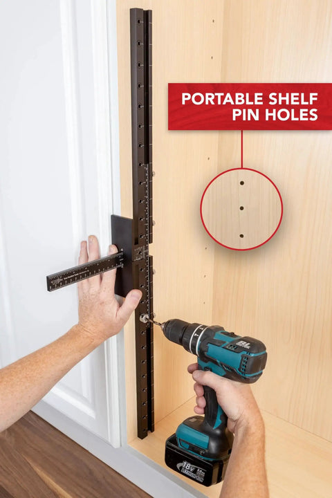 Long Pull and Rapid Center Combo Without Case being used as a portable 32mm shelf pin jig with 25 hole pattern in cabinet.