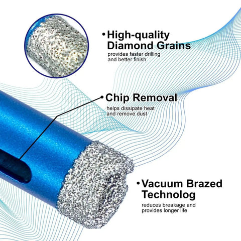 Close-up of a Diamond Core Drill Bit For Tile And Stone, Three Quarters Inch, Nineteen Millimeter with vacuum brazed technology.