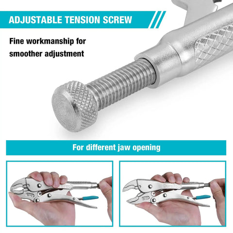 Close-up of adjustable tension screw on 7 Inch Locking Pliers With Curved Jaw And Wire Cutter, Premium Cr-V Steel For Tough Clamping, Twisting, And Welding Jobs, Heavy Duty Locking Pliers Tool For Pros And DIYers